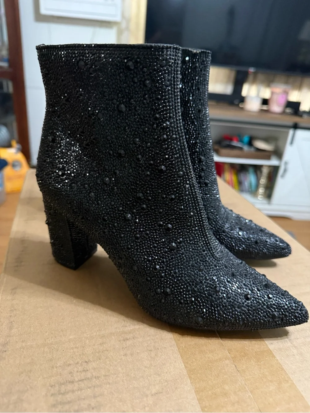 Betsey Johnson Black Rhinestone Pointed Toe Ankle Boots